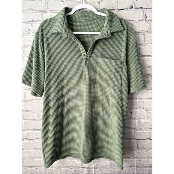 Men’s Medium Sage Green Waffle Polo Pocket T-shirt Button Up - Picture 1 of 6